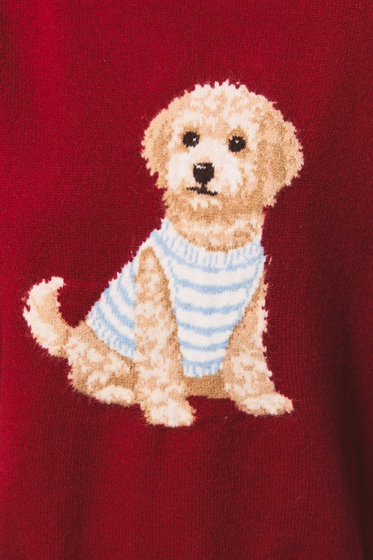 Golden doodle sweater with dog graphic on burgundy knit