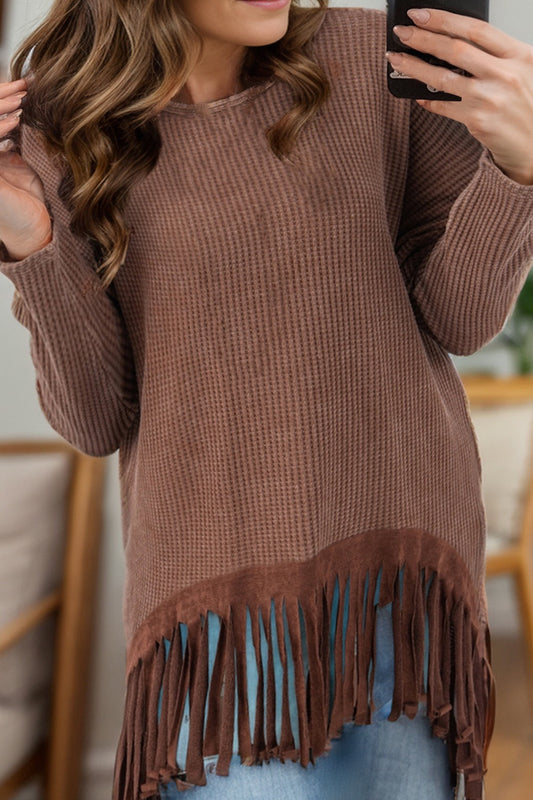 Fringe Round Neck Long Sleeve Top