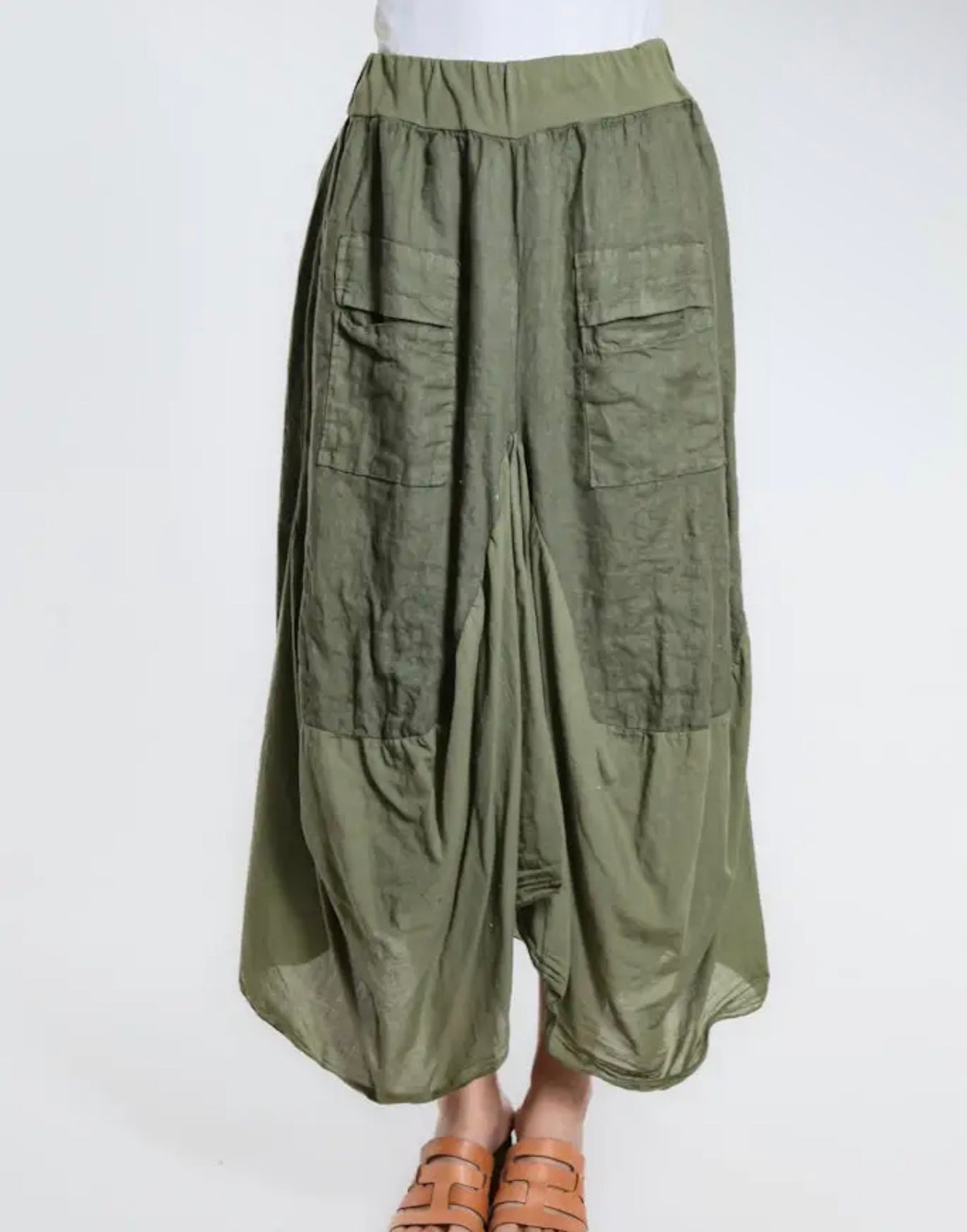 Army green bunched midi skirt, elastic waist with patch pockets and gathered front