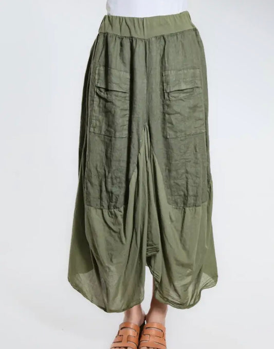 Army green bunched midi skirt, elastic waist with patch pockets and gathered front
