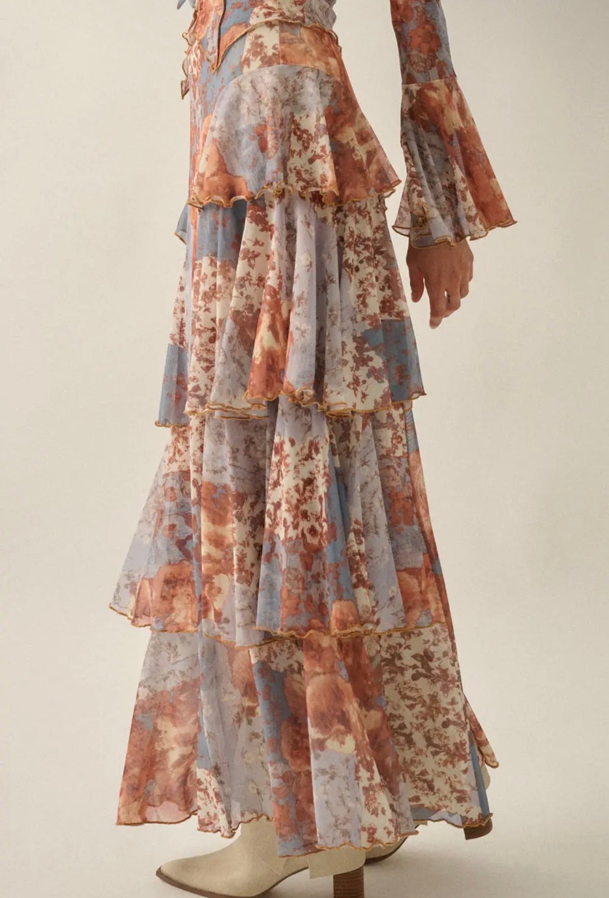 Boho Luxe Floral Mesh Bell-Sleeve Top & Skirt Set