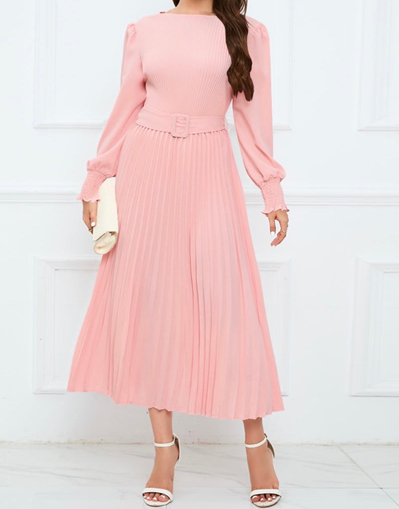 Round Neck Flounce Sleeve Pleated Dress