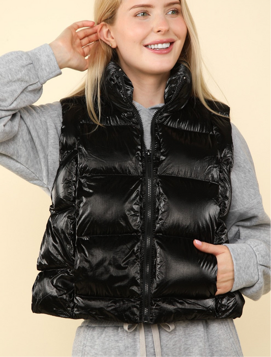 VERY J Shiny Metallic Zip Up Puffer Vest