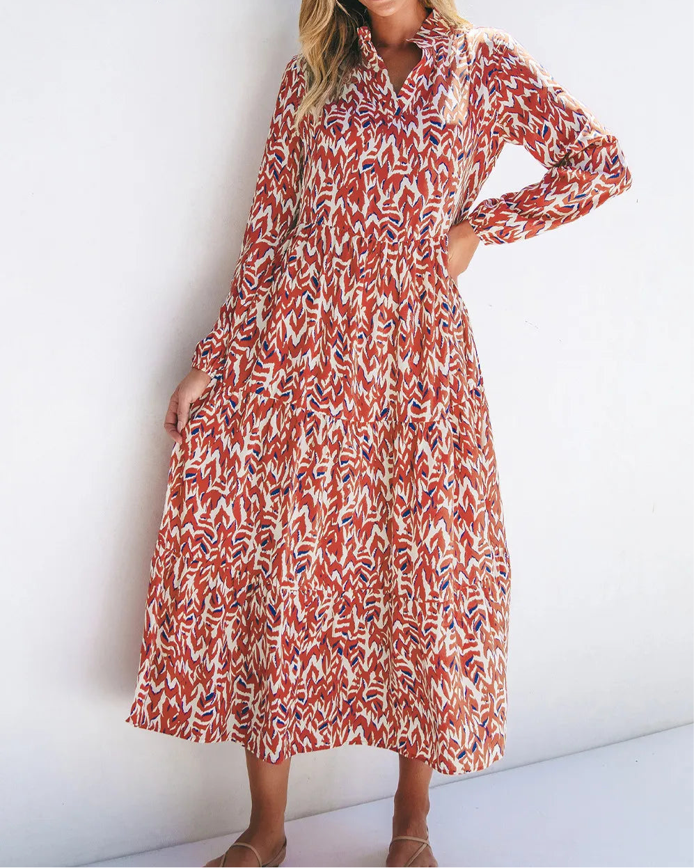 Printed Notched Long Sleeve Dress