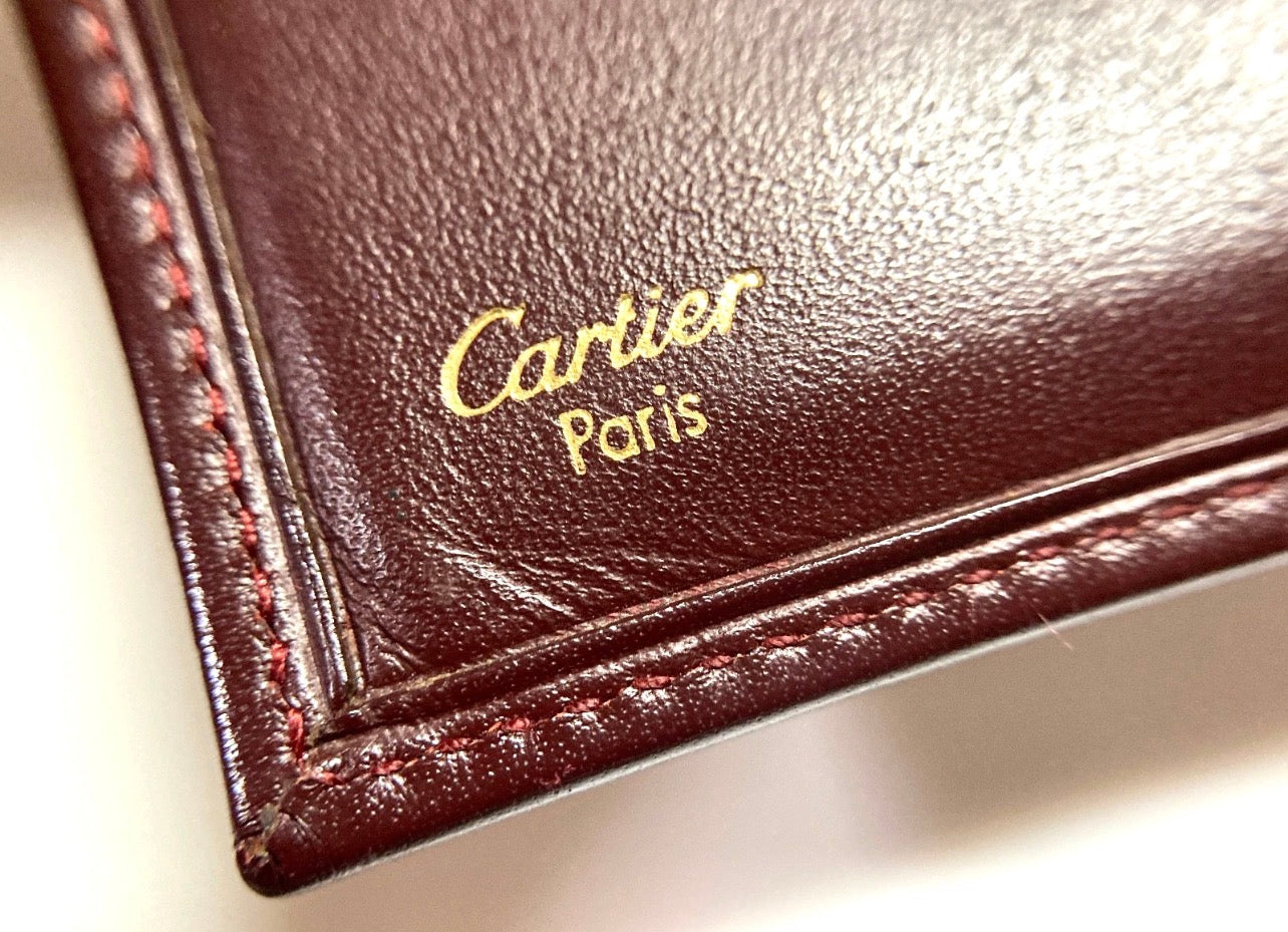 Cartier Vintage Must CC Emblem Leather Wallet Trifold Clasp France Burgundy Red