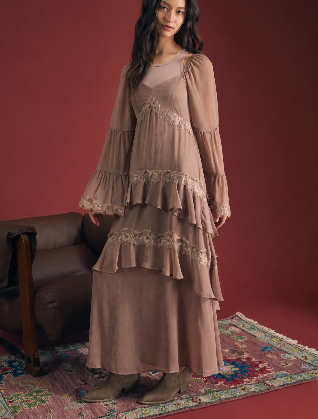 Taupe ruffle-tier long-sleeve maxi dress with lace trim, front view