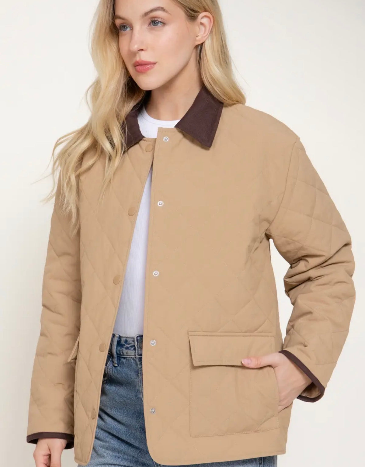 Tan quilted puffer jacket with brown collar, button front, side patch pocket