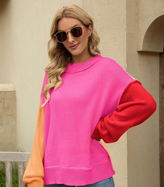 Color Block Round Neck Dropped Shoulder Sweater