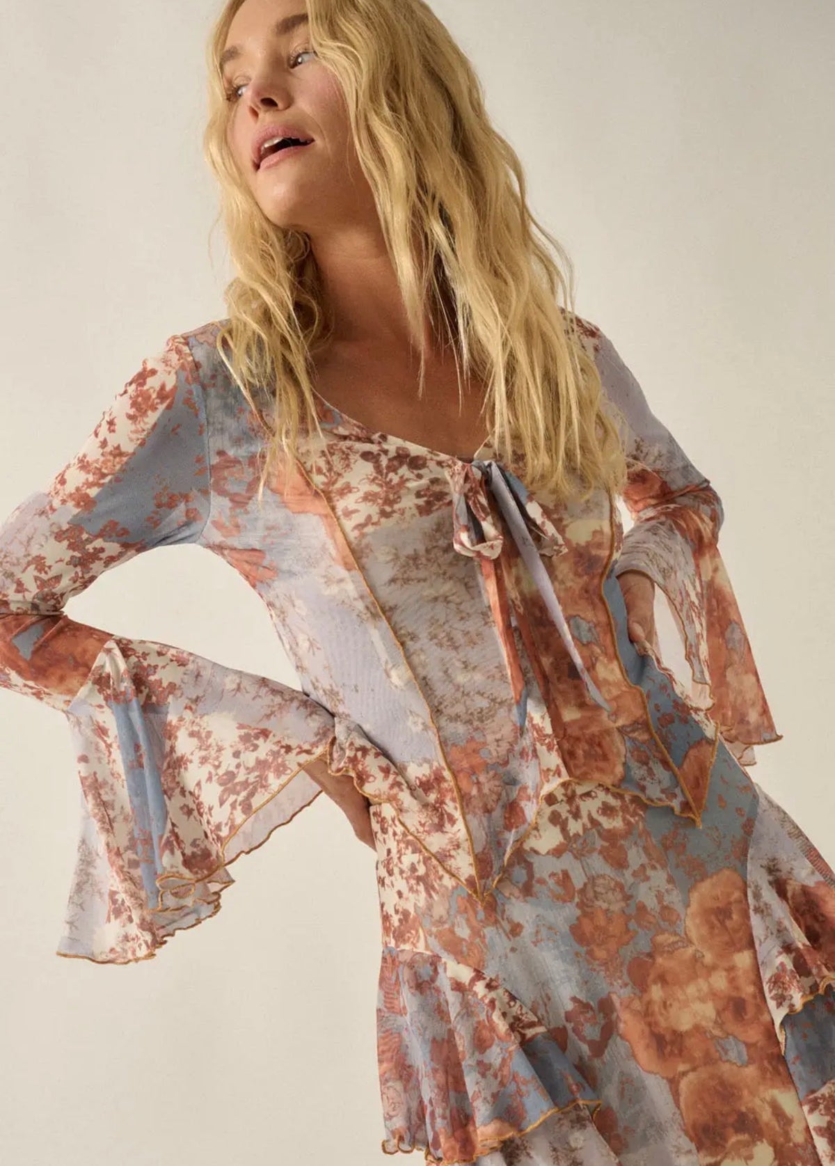 Boho Luxe Floral Mesh Bell-Sleeve Top & Skirt Set