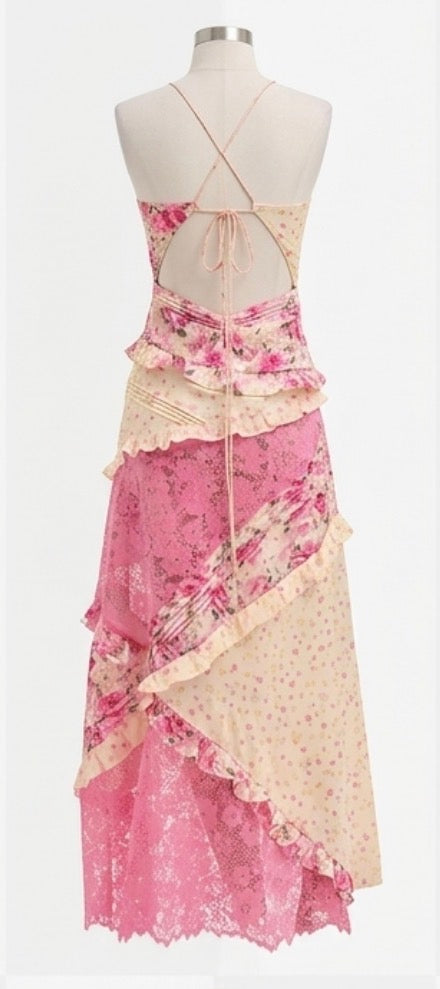 Lace Floral Print Ruffle Trim Maxi Dress