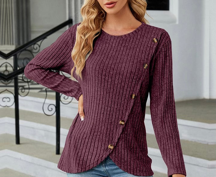 Round Neck Ribbed Button Detail Blouse