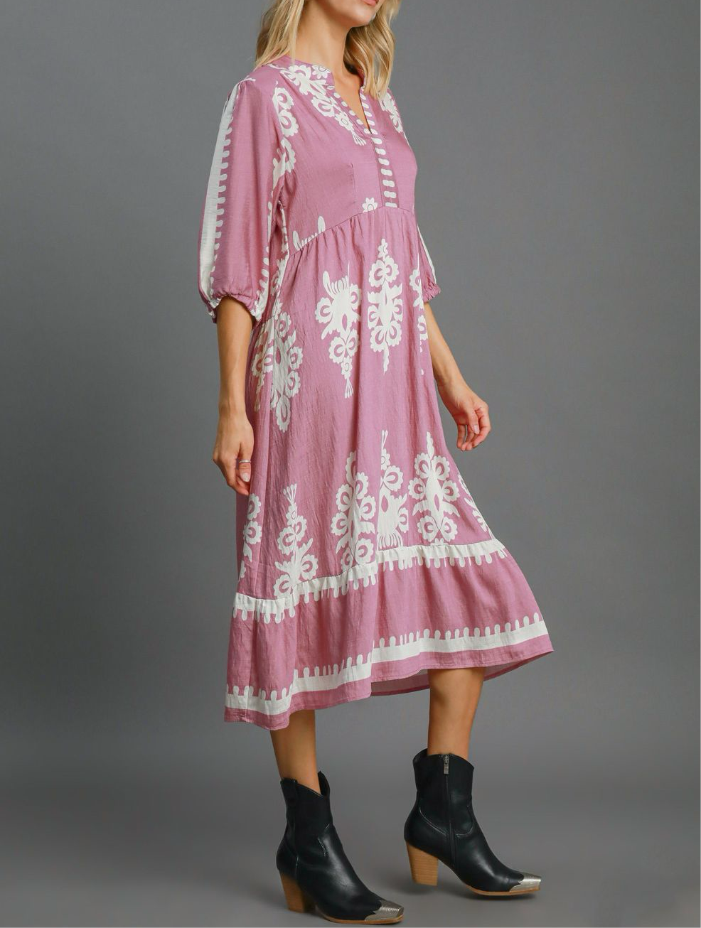 Umgee Printed Notched Midi Dress