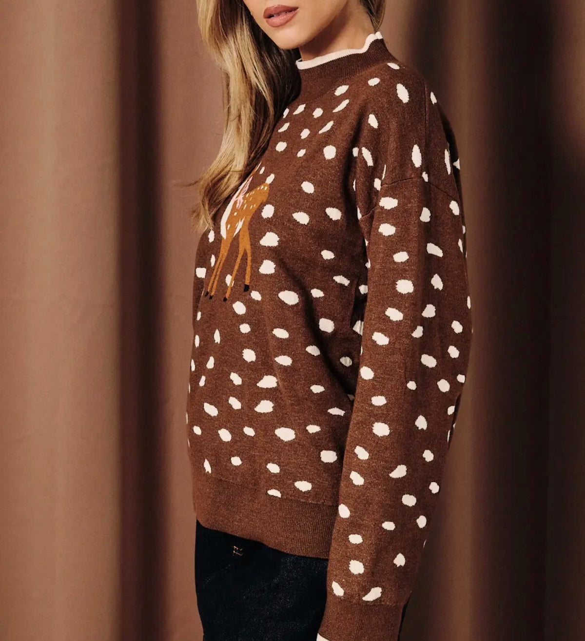 Brown mock-neck long-sleeve knit sweater with white dot pattern and deer graphic