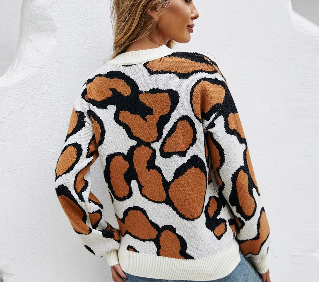 Printed Round Neck Long Sleeve Sweater