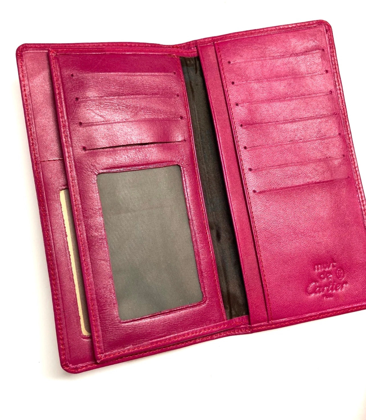 CARTIER VINTAGE MUST CC EMBOSSED LEATHER LONG WALLET BIFOLD FRANCE FUCHSIA PINK