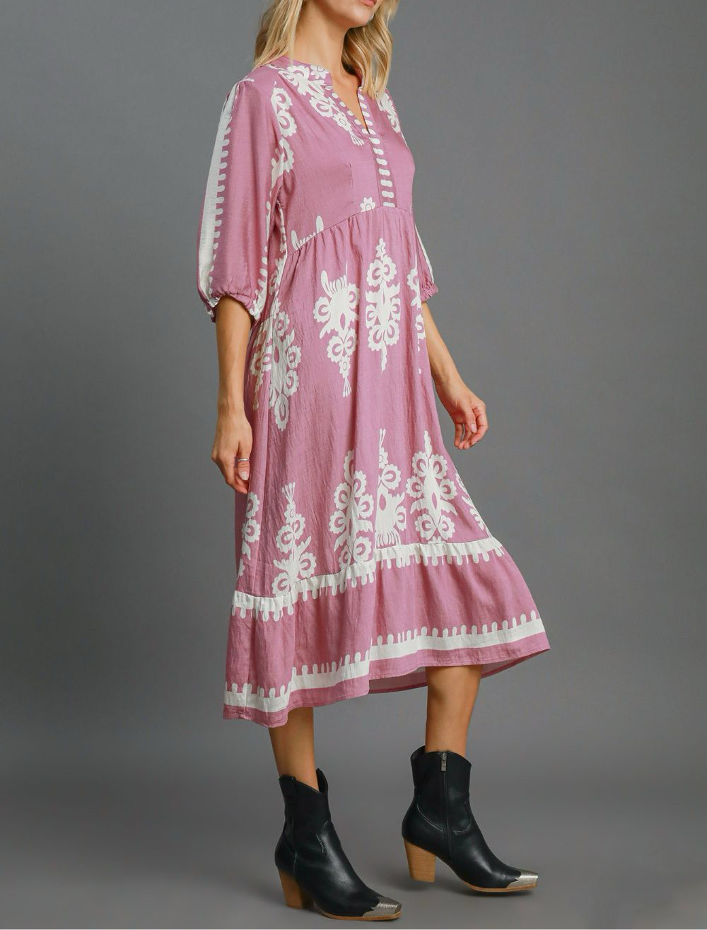 Umgee Printed Notched Midi Dress