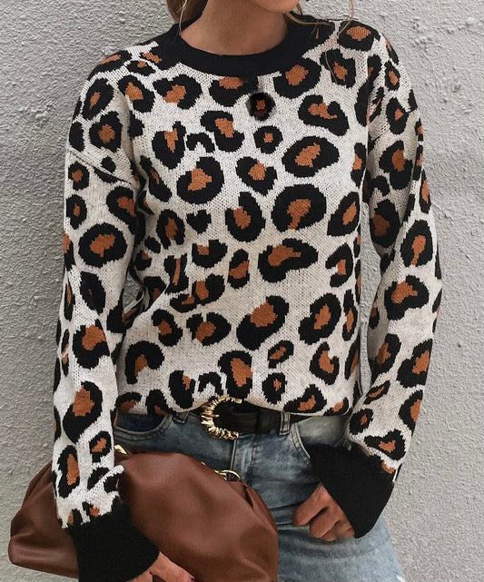 Leopard Round Neck Dropped Shoulder Sweater