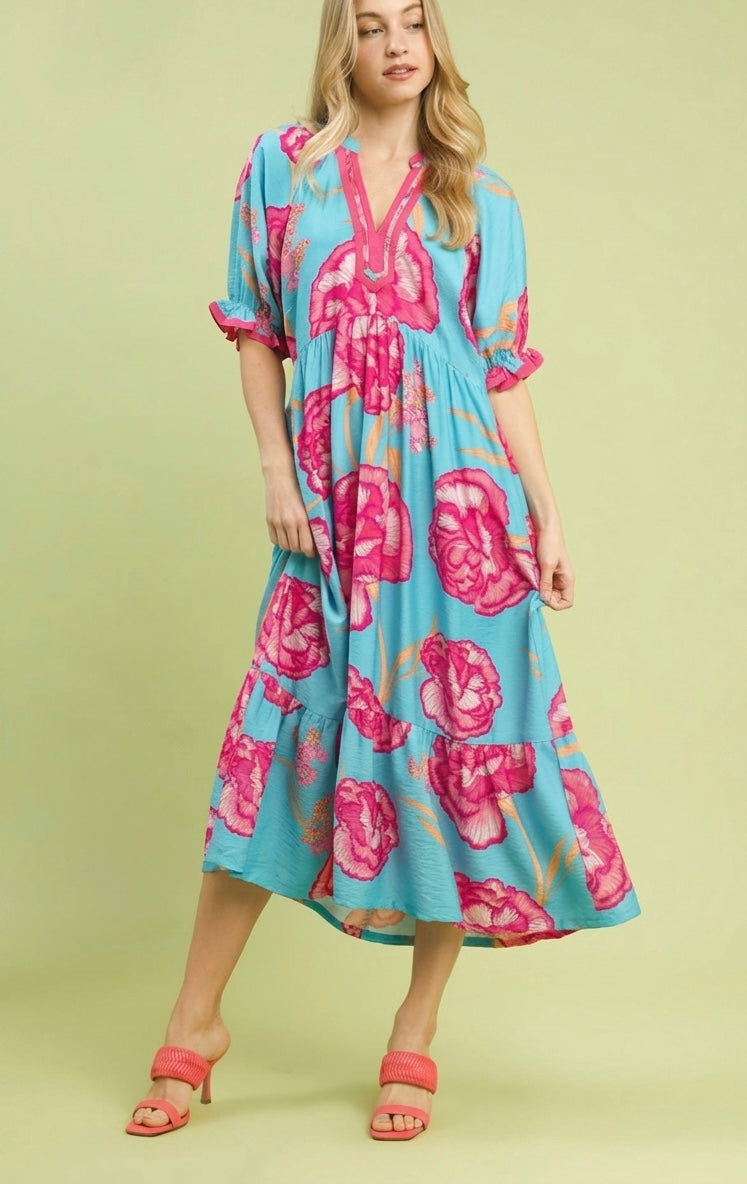 Umgee Floral Print Midi Dress with Contrast Trim