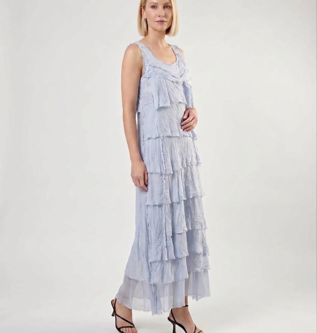 Sky-blue tiered ruffle silk dress, sleeveless scoop neck with layered skirt