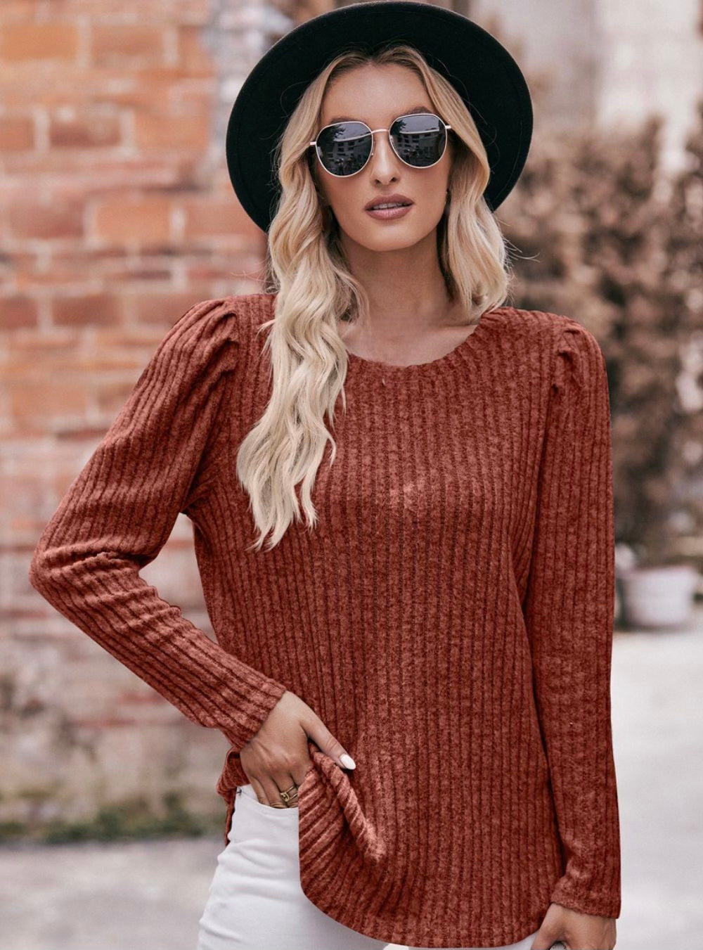 Double Take Round Neck Puff Sleeve Ribbed Top