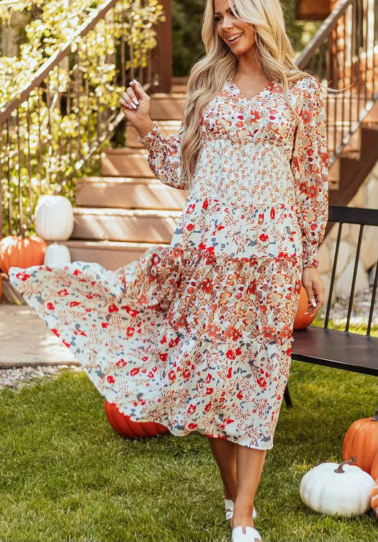 Full Size Printed V-Neck Lantern Sleeve Midi Dress