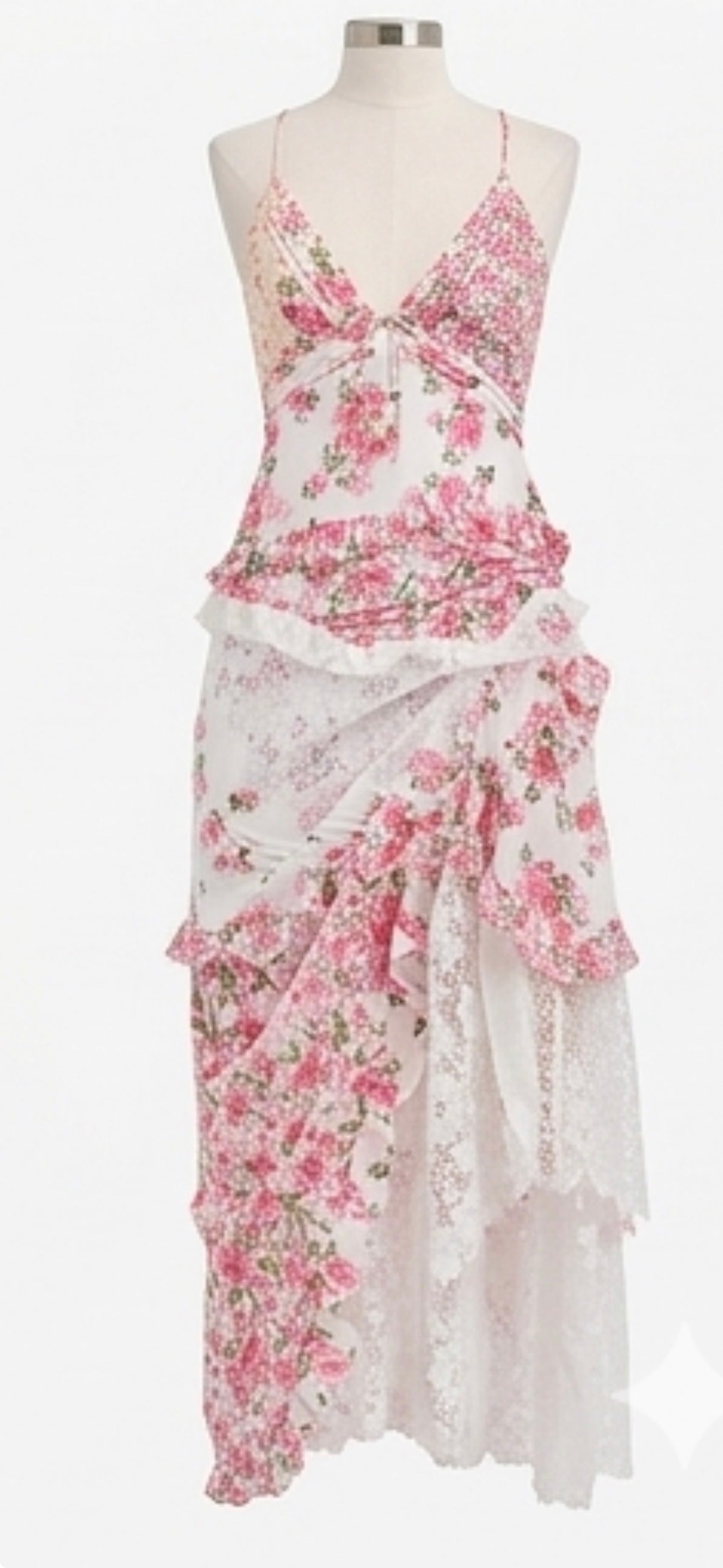 Lace Floral Print Ruffle Trim Maxi Dress