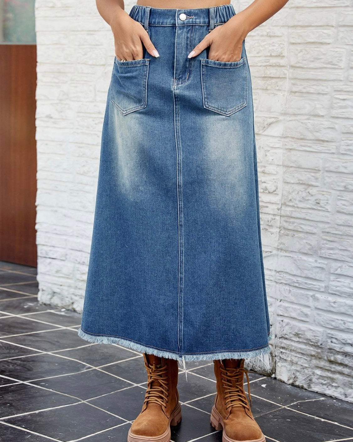 Raw Hem Buttoned Denim Skirt with Pockets