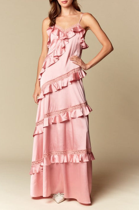 RUFFLE LACE TRIM SATIN MAXI DRESS
