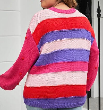 Plus Size Color Block Pom-Pom Trim Sweater