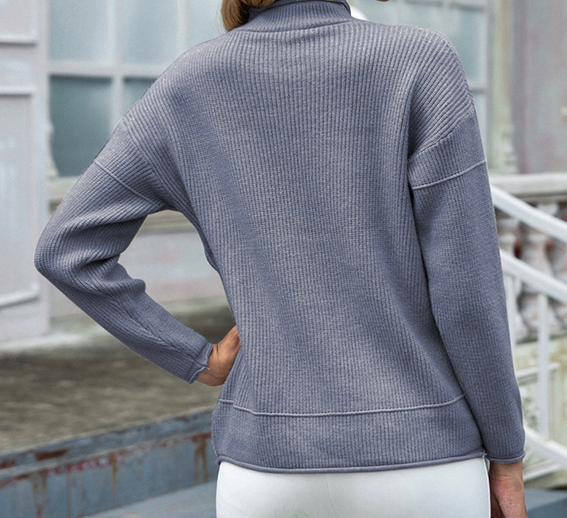 Ribbed Round Neck Dropped Shoulder Sweater