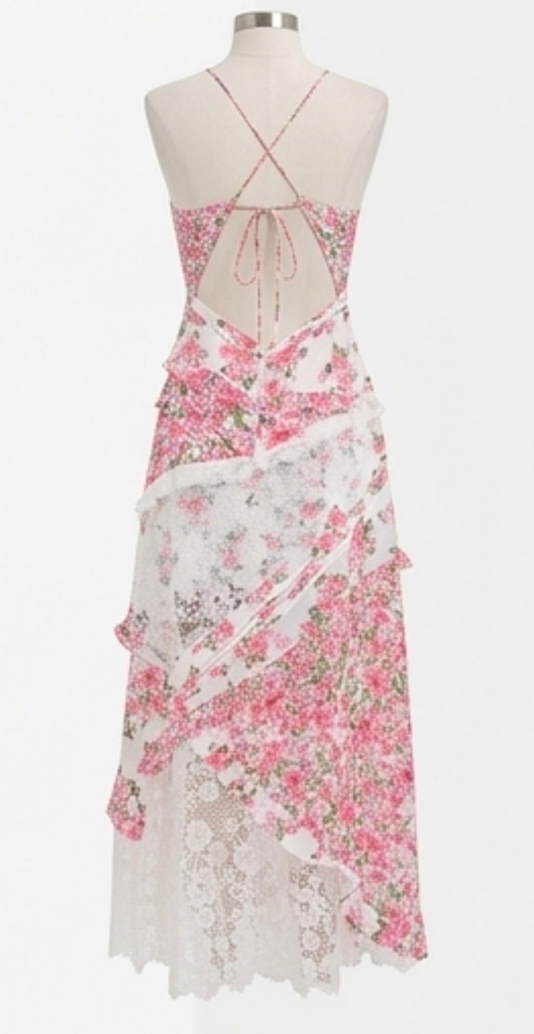 Lace Floral Print Ruffle Trim Maxi Dress
