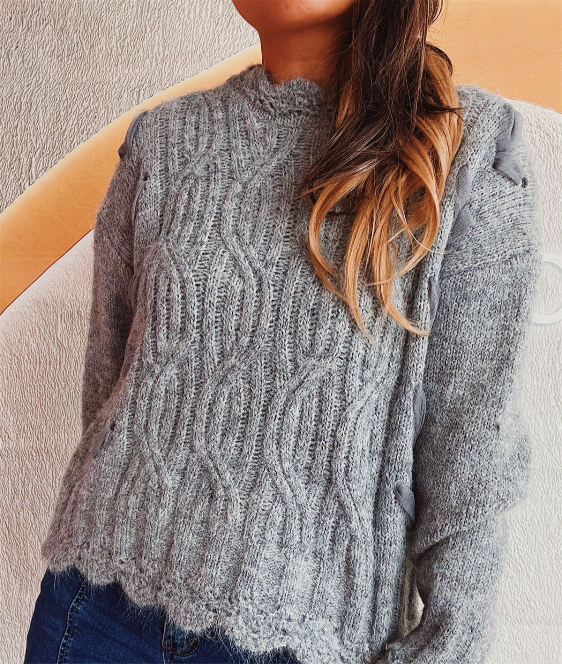 Scalloped Hem Dropped Shoulder Long Sleeve Sweater