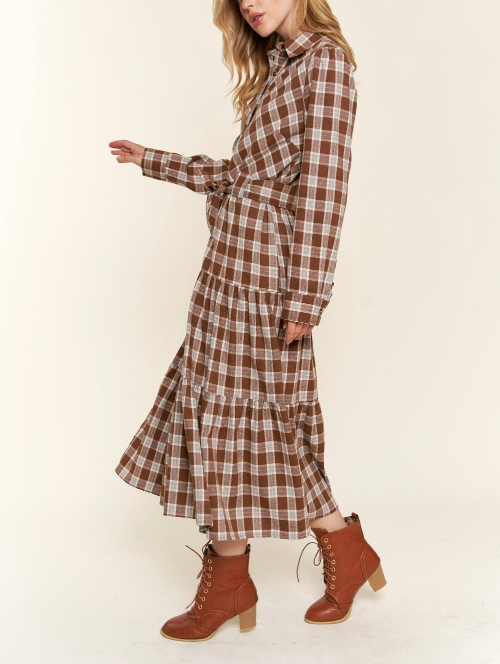 And the Why Plaid Tiered Midi Shirt Dress