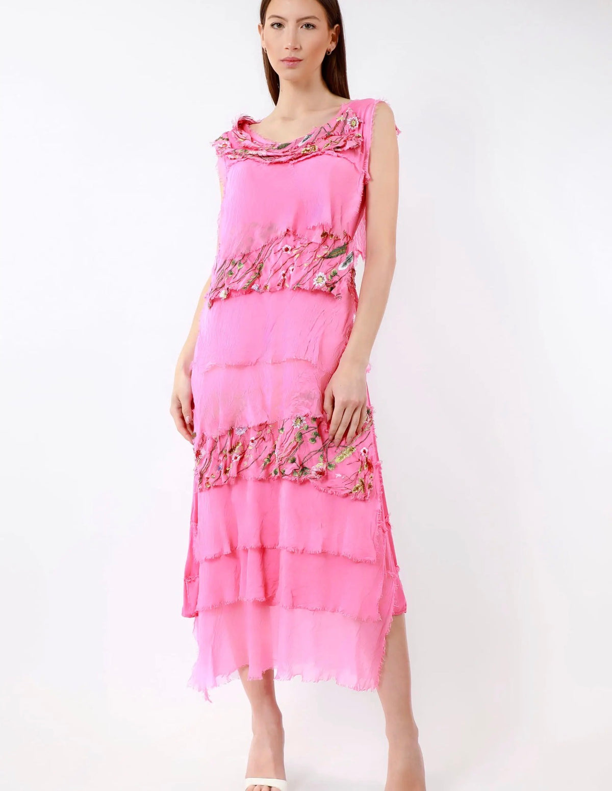 Embroidered Italian Silk Maxi Ruffle Dress