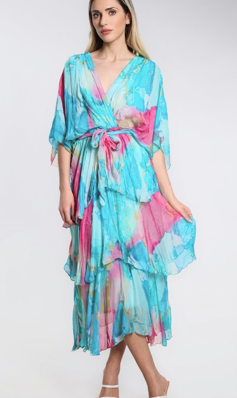 Ruffled silk midi dress with V-neck, tie waist, and sheer flutter sleeves, watercolor blue-pink