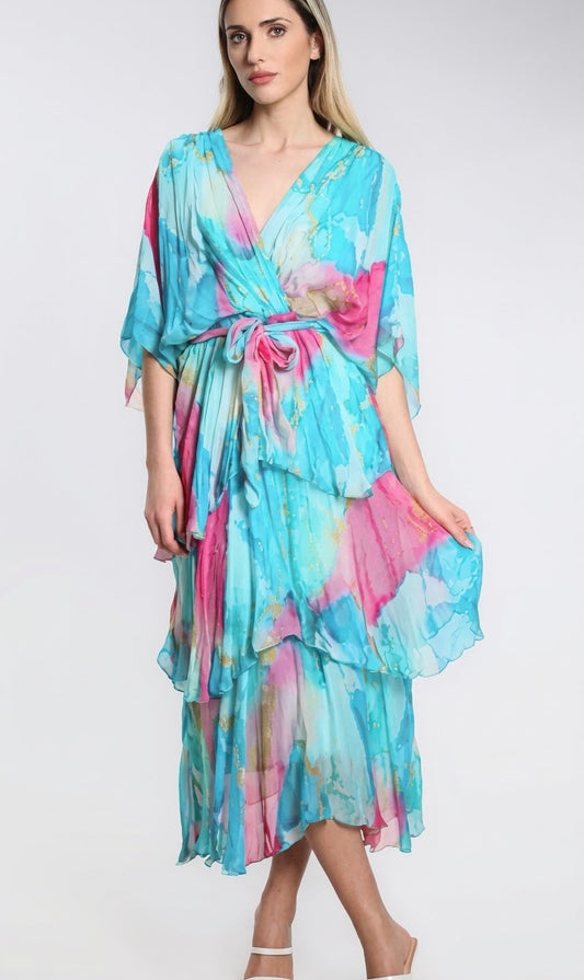 Ruffled silk midi dress with V-neck, tie waist, and sheer flutter sleeves, watercolor blue-pink