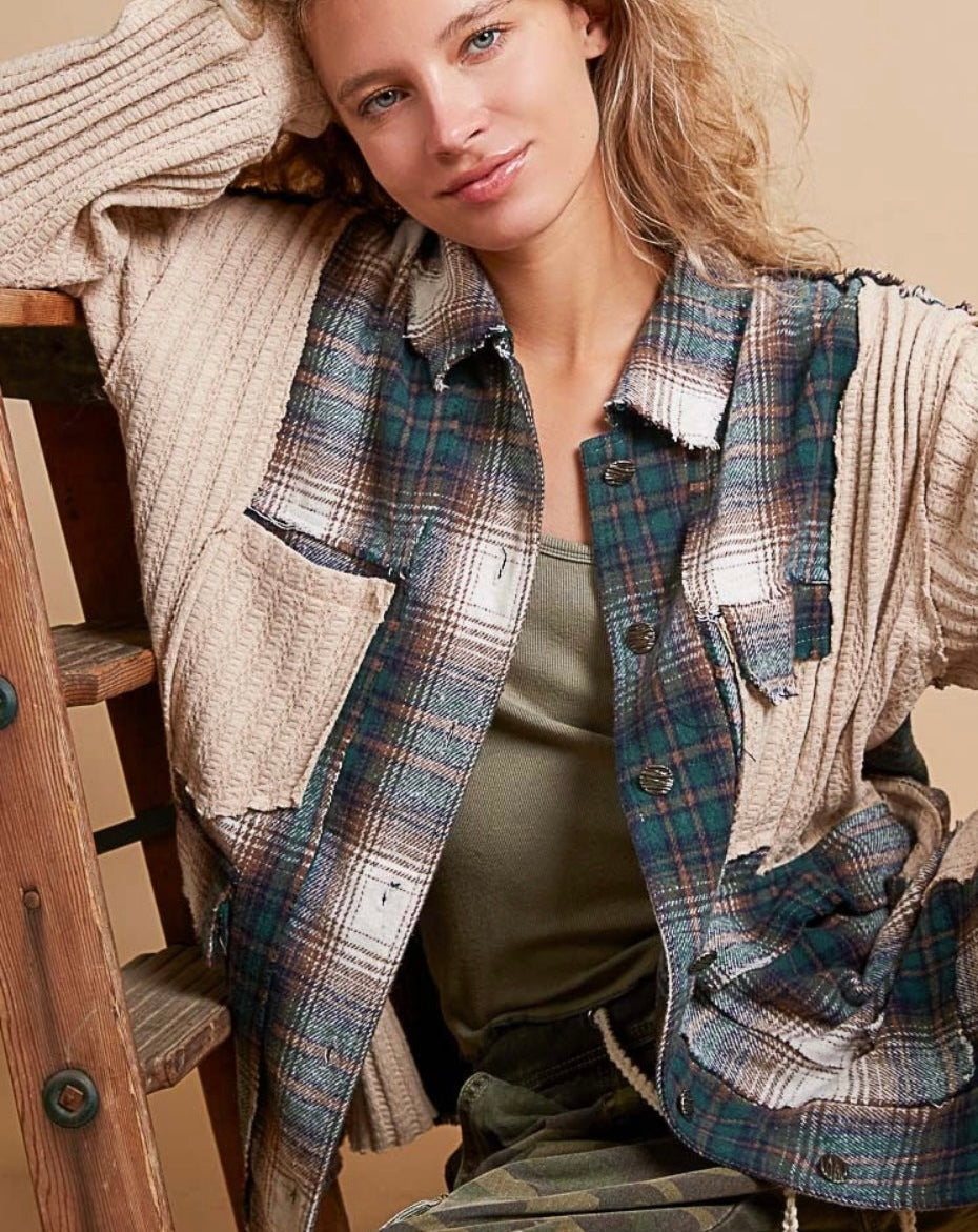 POL Plaid Contrast Button Down Shacket