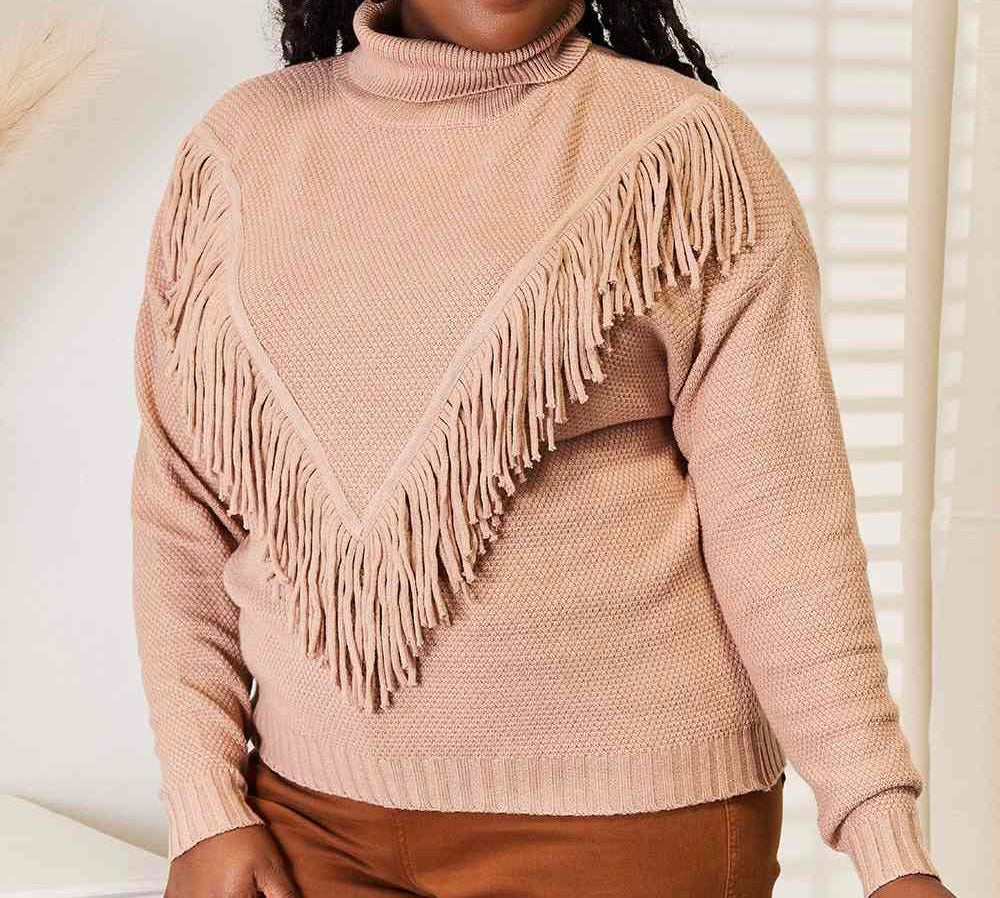 Woven Right Turtleneck Fringe Front Long Sleeve Sweater