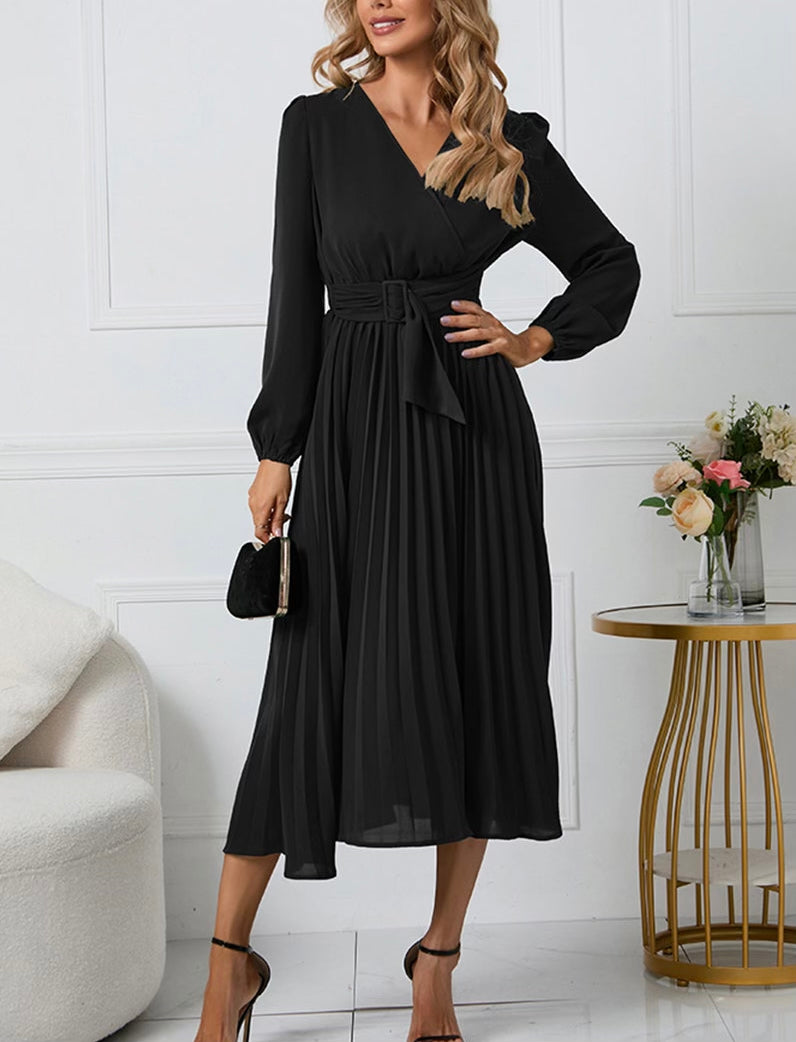 V-Neck Long Sleeve Tie Waist Midi Dress