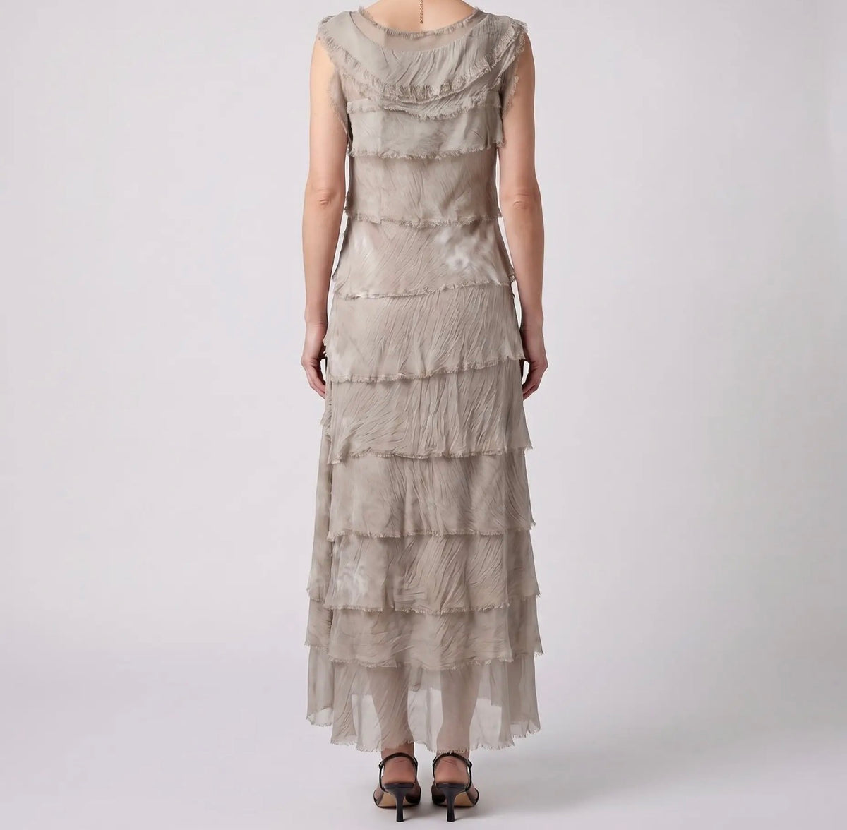 Beige tiered ruffle silk sleeveless midi dress with scoop neckline and layered skirt