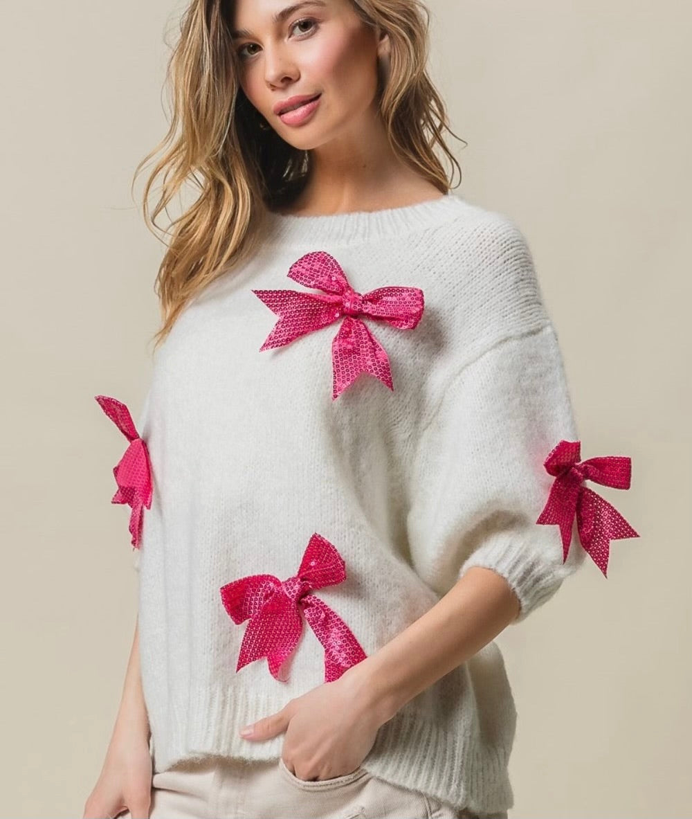 BiBi Sequin Bow Puff Sleeve Sweater