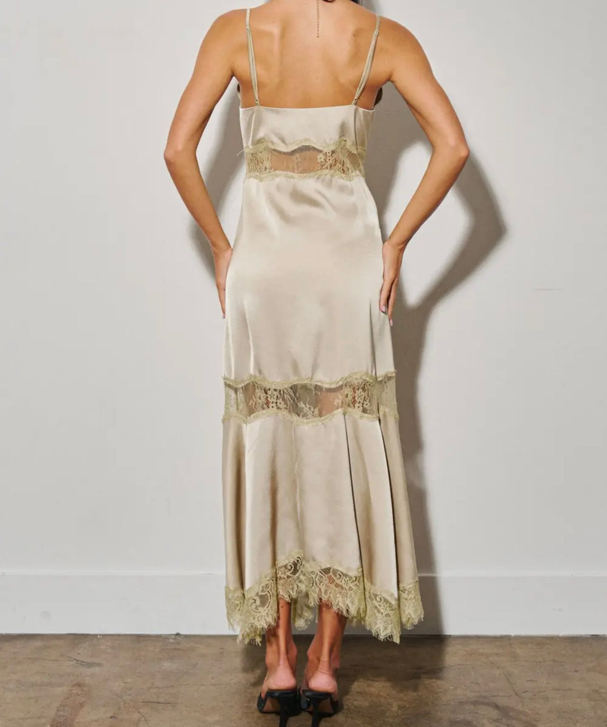 Woven Satin Lace Trim Maxi Dress