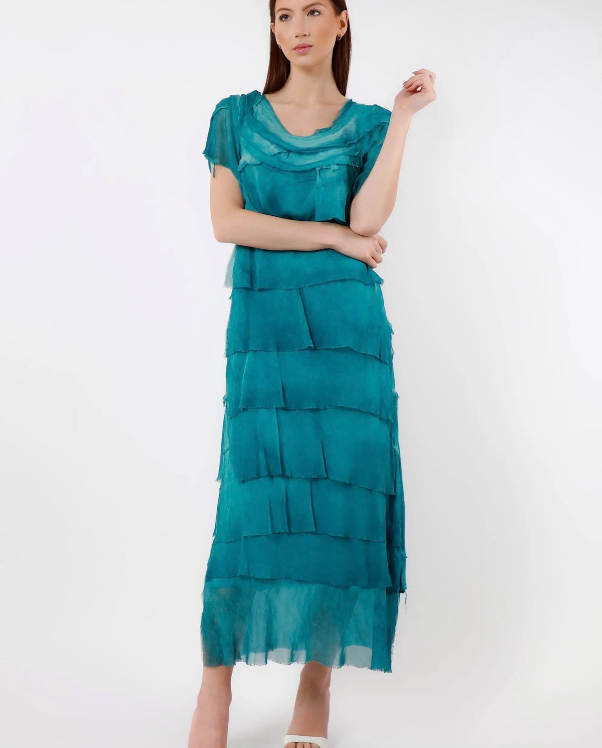 Teal silk short-sleeve ruffle tier dress with layered skirt and cowl-style neckline