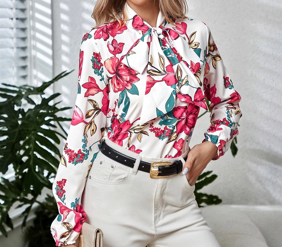 Printed Tie Neck Long Sleeve Blouse