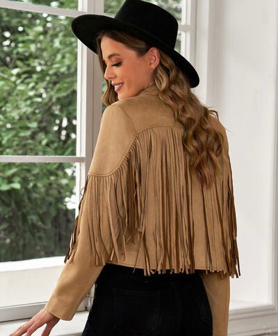 Fringe Trim Lapel Collar Cropped Blazer