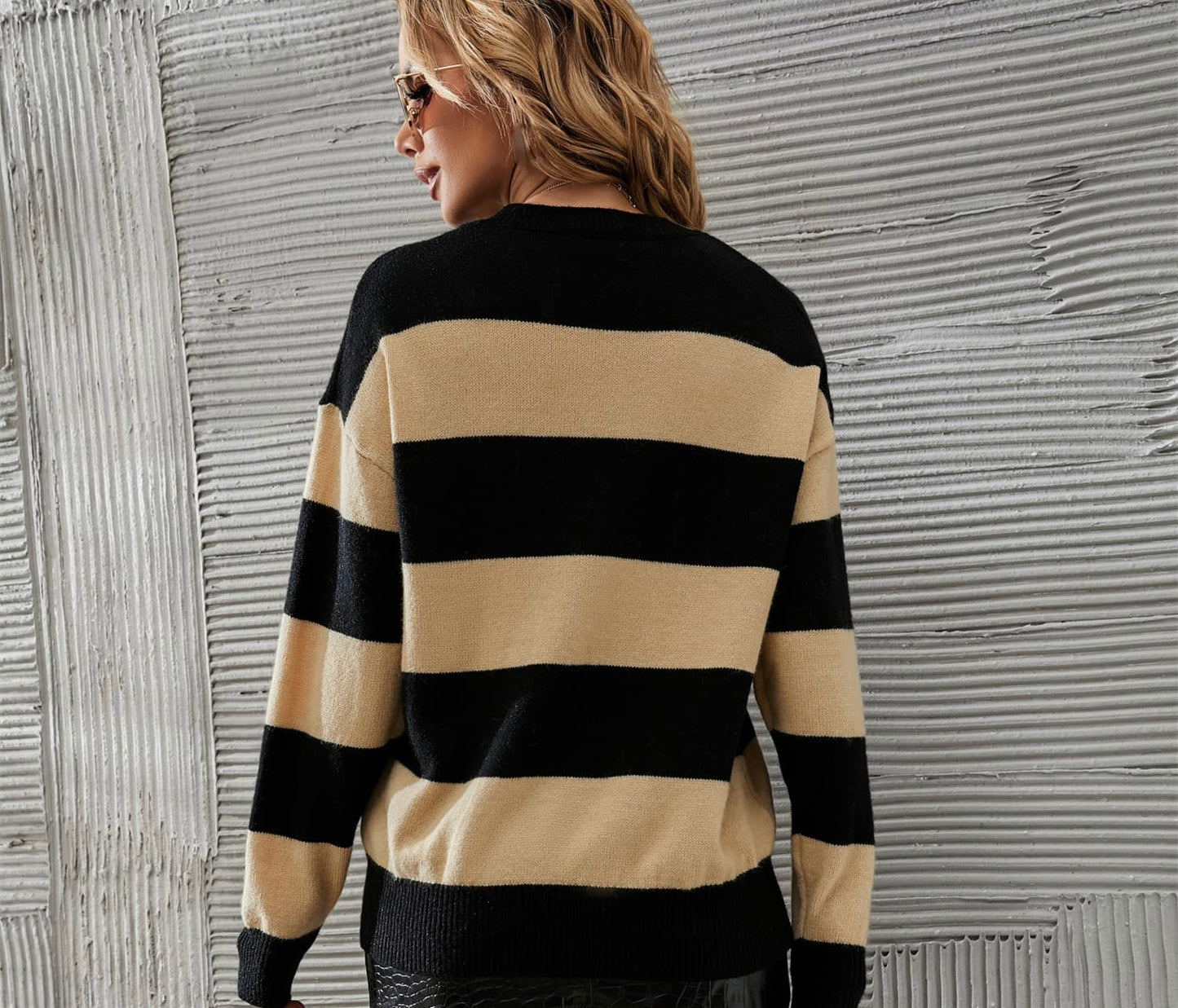 Two-Tone Round Neck Dropped Shoulder Sweater