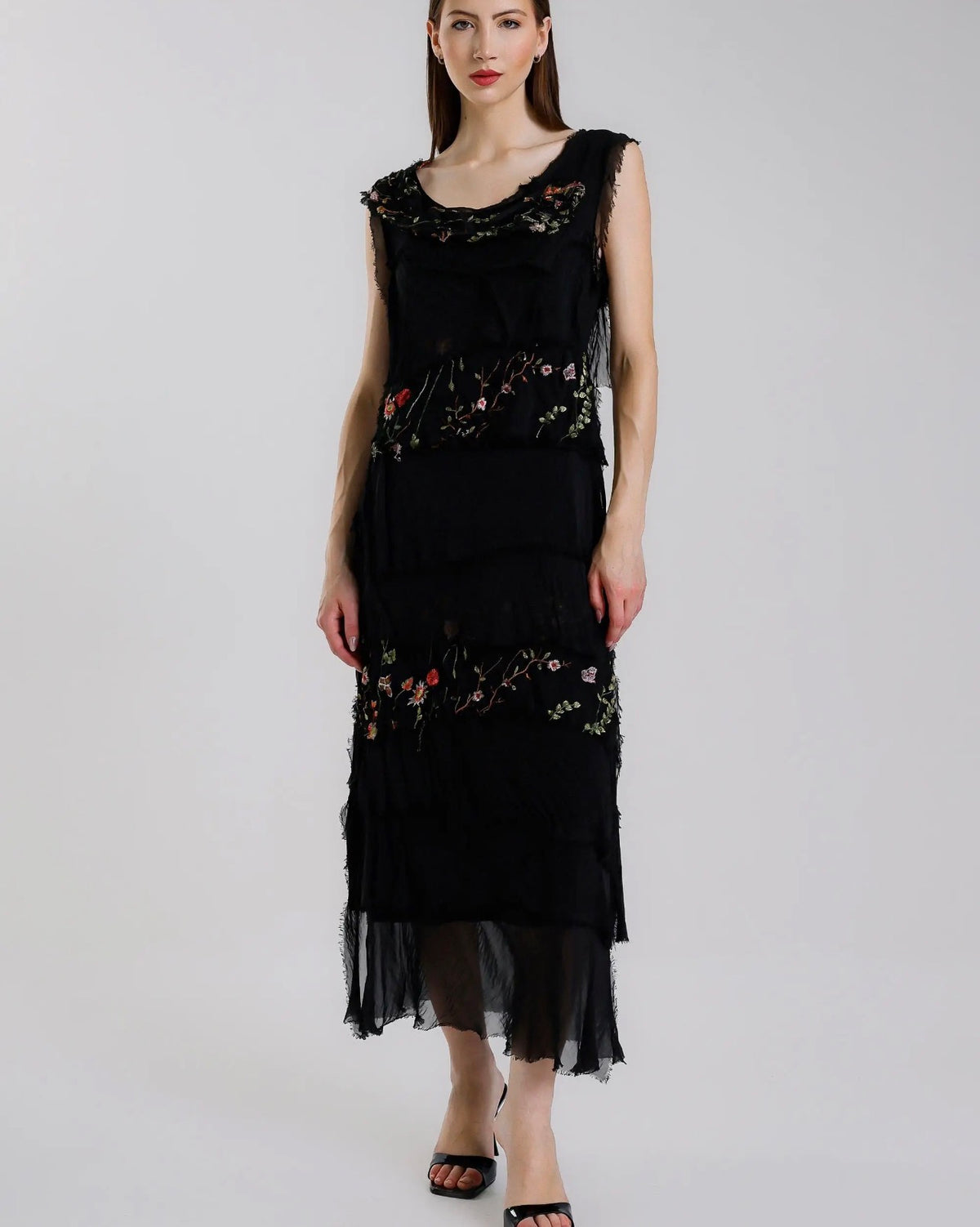 Embroidered Italian Silk Maxi Ruffle Dress