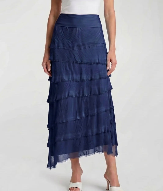 Navy silk ruffle midi skirt with gathered tiered ruffles and sheer hem