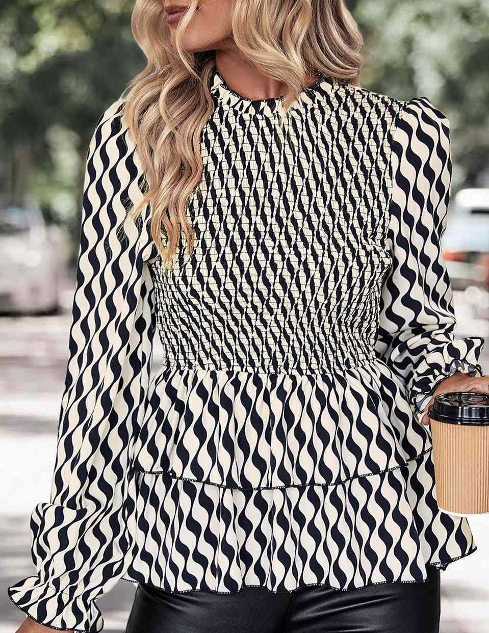 Printed Smocked Flounce Sleeve Blouse