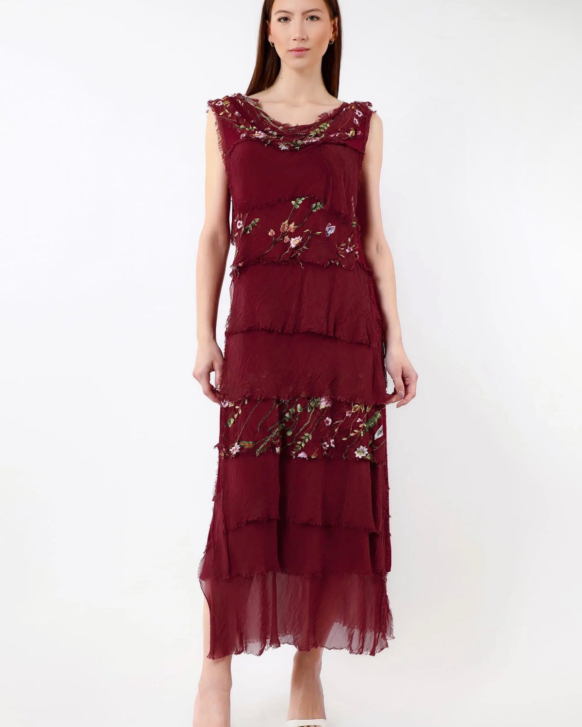 Embroidered Italian Silk Maxi Ruffle Dress